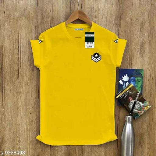 Trendy yellow cotton army patch t-shirt, short sleeves, printed with vintage military design. On model, size S. Made in India