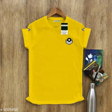 Trendy yellow cotton army patch t-shirt, short sleeves, printed with vintage military design. On model, size S. Made in India