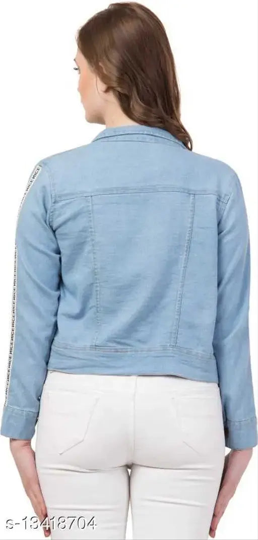 Light blue denim jacket by 69 Fashion Street, solid pattern on three-quarter sleeves for women's casual wear