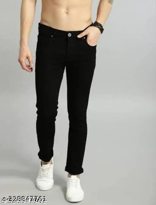 Indian-made, stretchable polycotton jeans for men - Solid, skinny fit, mid rise, clean wash, 28, 30, 32 inches sizes