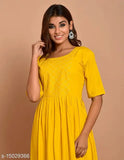 Mustard rayon flared kurti, self-designed, short sleeves, women's fashion