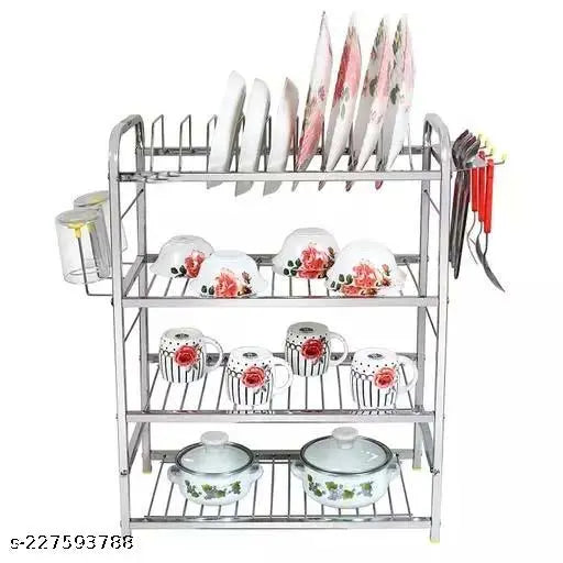Stainless steel 4-shelf kitchen dish rack, ideal for modern kitchen storage, holds plates, cutlery, and utensils, includes red tea cozy on bottom shelf