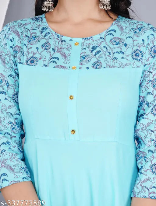 Teal flared rayon Kurta for women, three-quarter sleeves, printed and solid design, M (38in bust), L (40in bust), XL (42in bust) - elegant, versatile Indian fashion