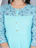 Teal flared rayon Kurta for women, three-quarter sleeves, printed and solid design, M (38in bust), L (40in bust), XL (42in bust) - elegant, versatile Indian fashion