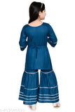 Blue Rayon A-line palazzo dress with embroidered sleeves, suitable for kids aged 4-5 years. Indian handcrafted garment, perfect for parties or everyday wear