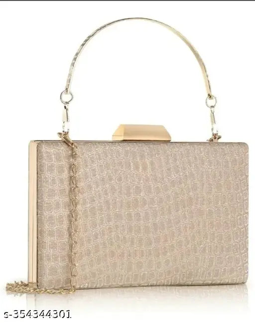 Women's fashionable clutch, tan fabric, gold chain strap