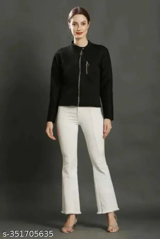 Black fleece Barfi jacket, full sleeve for women & girls under budget, Solid pattern, long sleeves, size S (32in bust, 34in length)