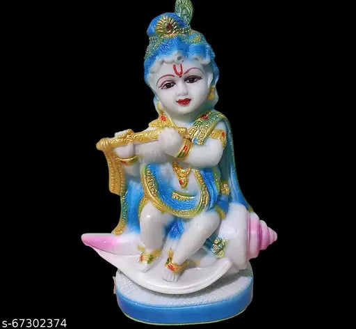 Blue ATUT Unbreakable PVC Krishna Idol (19.5 cm) in shell, replica with metal bansuri and soft rubber base