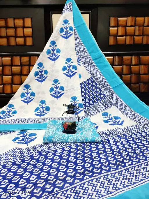 Ethnic cotton saree with blue paisley pattern, ready to drape
