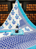 Ethnic cotton saree with blue paisley pattern, ready to drape