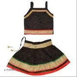 Pink cotton lehenga top & skirt for kids, printed paisley design, Indian handcrafted on mannequin