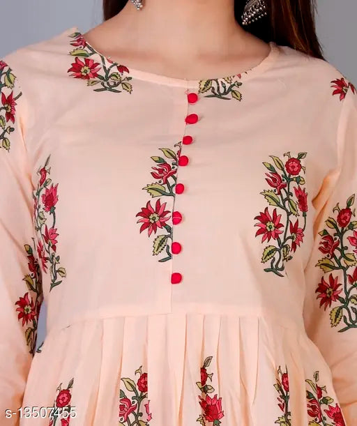 Mauka Floral Anarkali Cotton Plazzo Set - Printed cotton kurta & palazzos, three-quarter sleeves, XS size, Indian origin