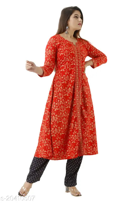 Red rayon multi-colored kameez palazz set for women, girls