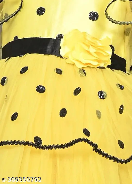 Yellow layered hi-low party dress for girls, embellished net fabric with short sleeves, India origin