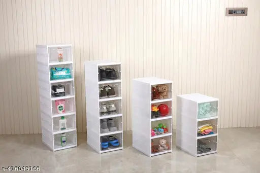 White, front foldable shoe organizer with clear doors for efficient shoe management