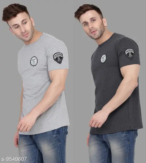 Geum Men's Printed Round Grey Melange Tshirts Pack 2