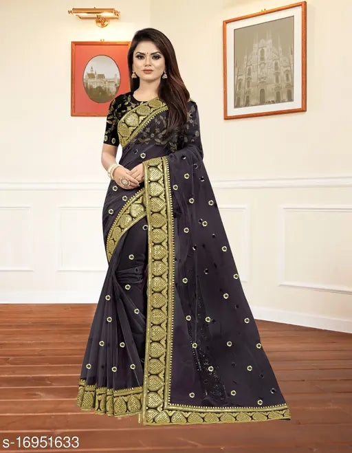 Black net embroidery saree, embellished with intricate patterns, free size, India origin