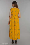 Women's rayon pleated printed yellow kurti, short sleeves, straight hem