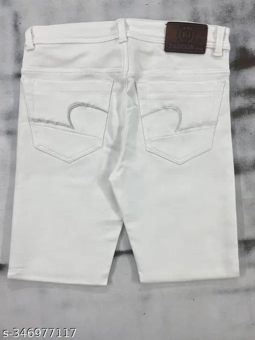 Cotton blend men's stretchable white jeans, ripped net pattern, comfortable fit for sizes 26, 28, 30, and 32. Vintage-inspired denim from India