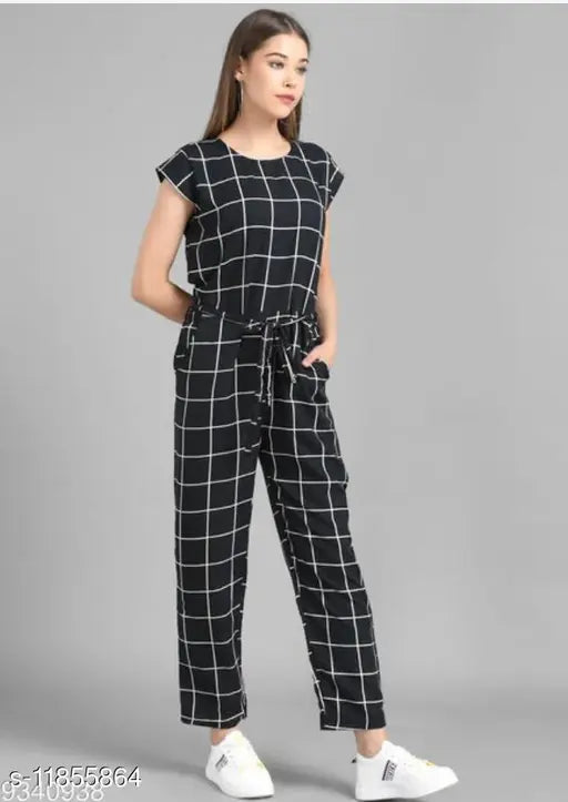 Black applique crepe women's jumpsuit, single-sized XS to XXXL, Indian-made fashion piece