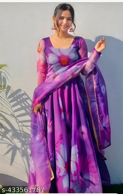 Purple Georgette printed long-sleeve kurti with dupatta, low price, Indian partywear for women