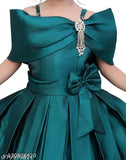 Solid green western design party dress for girls, silk blend fabric, sleeveless, latest trending kids' ethnic gowns