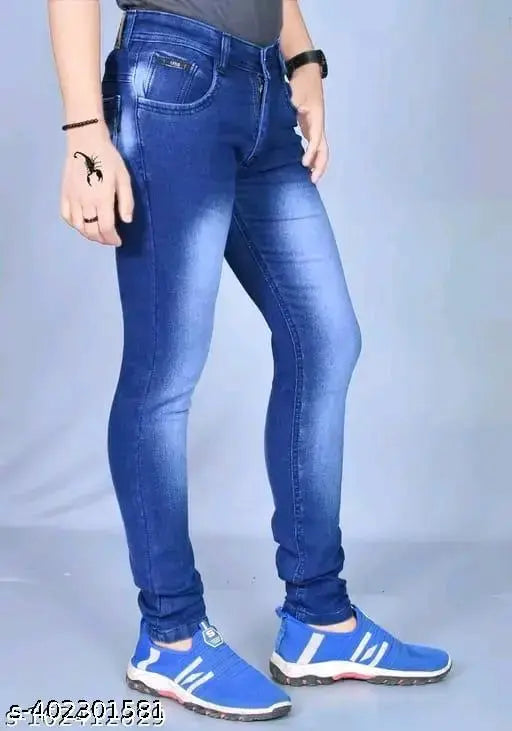 Men's cotton blend blue jeans, pre-shrunk and pill-resistant, comfortable denims made in India