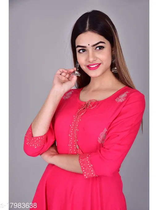 Rayon embroidered women's flared kurta gown, solid combo, three-quarter sleeves, various sizes available