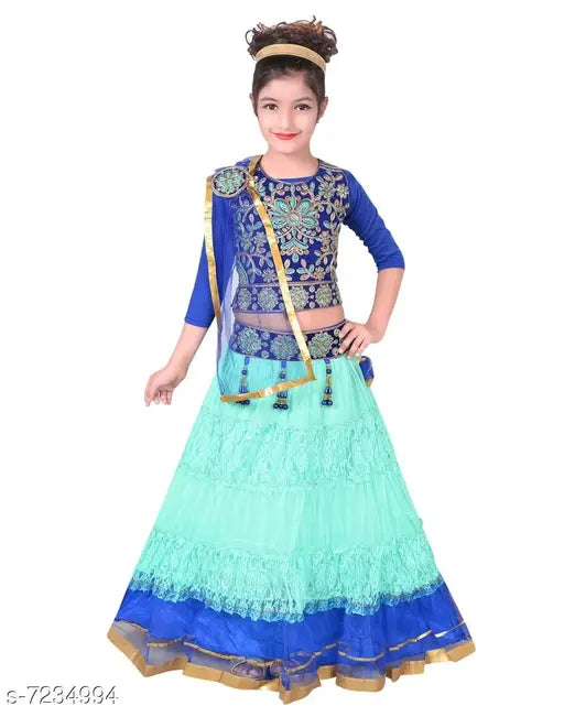 Blue net party wear ethnic Lehenga Choli set for girls, Sky Heights branded, printed design on net fabric