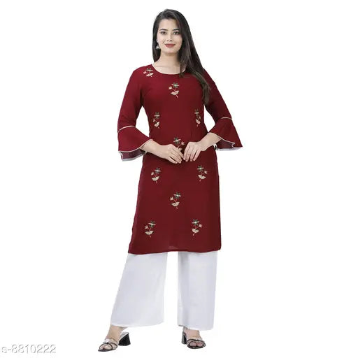 Embroidered rayon kurta with palazzos, Indian women's fashion in intricate net design, single piece size M or XL
