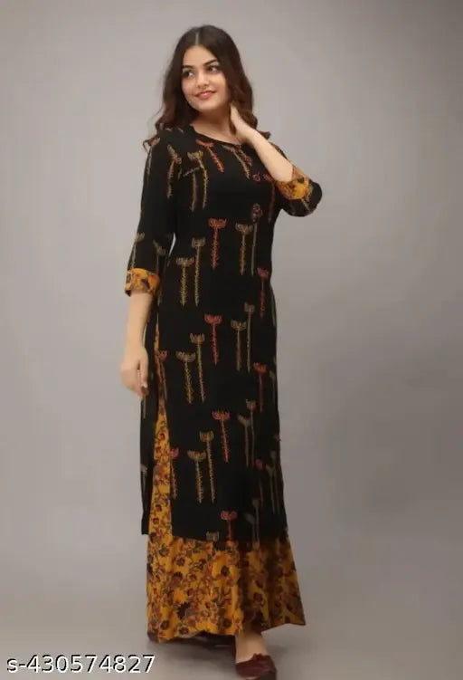 Black and gold geometric pattern long traditional women's kameez, matching sharara with netted dupatta, suitable for festive occasions