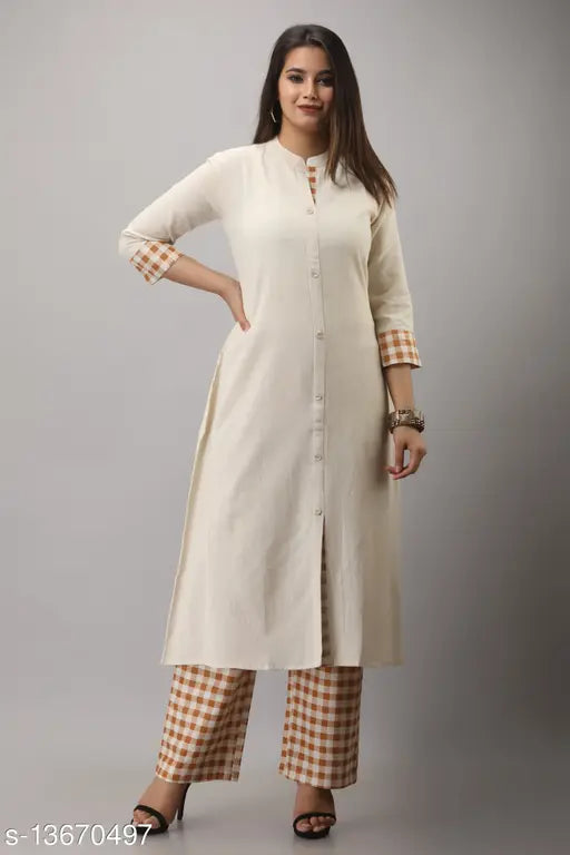 White and gold MAUKA Cotton flex A-line kurta & palazzos set, three-quarter sleeves, solid pattern, perfect for Indian fashion, made in India
