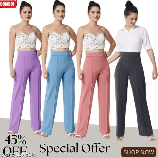 Four classic ladies high rise bell bottom jeans, available as a combo, navy, black, and light blue