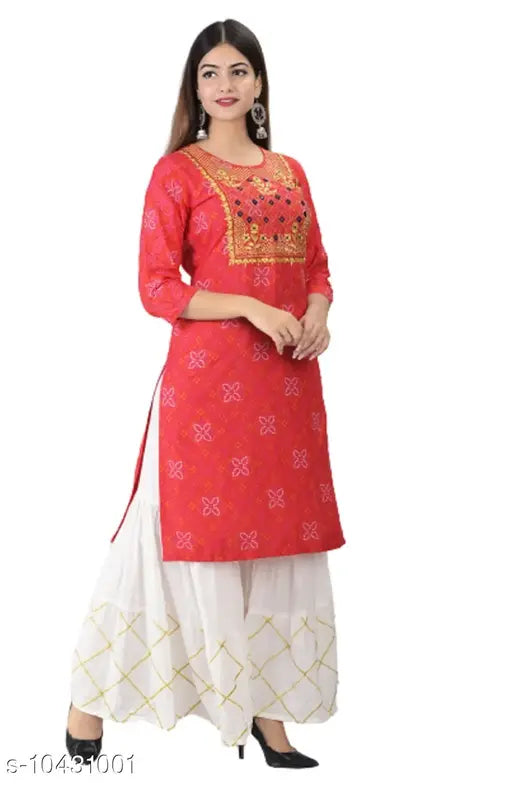Red rayon slub kurta with sharara, embroidered neckline