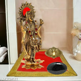 Handcrafted oxidized white metal embossed golden statue of Lord Vishnu/Narayan standing on lotus flower, Indian artisan-made collectible for worship, decor, or gifting
