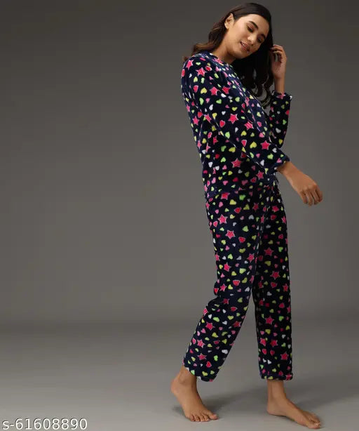 Women's full sleeve velvet-blend winter fleece fur nightsuit set, printed top & pyjama (M, L, XL, 2XL) - premium quality, comfortable, trendy addition to wardrobe