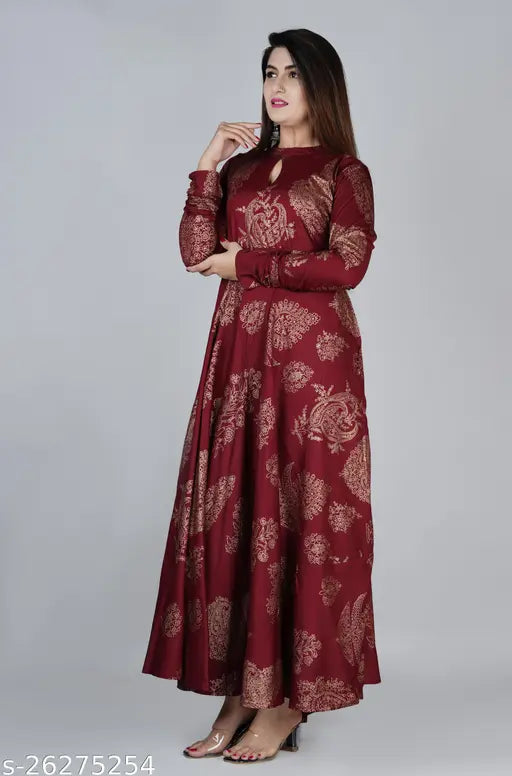 Gold printed cotton Anarkali flair kurta, long sleeves, beautiful Indian traditional clothing on mannequin
