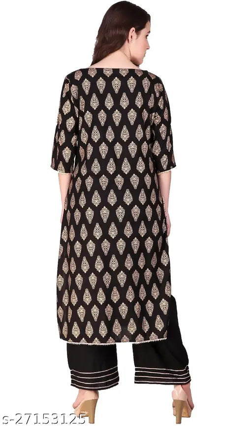 Gold printed black cotton blend kurta palazzo set for women, three-quarter sleeves, single piece