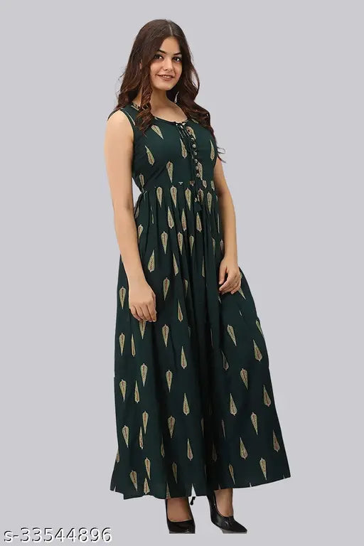 Dark green rayon sleeveless tilak-printed gown for women, Indian bridal fashion