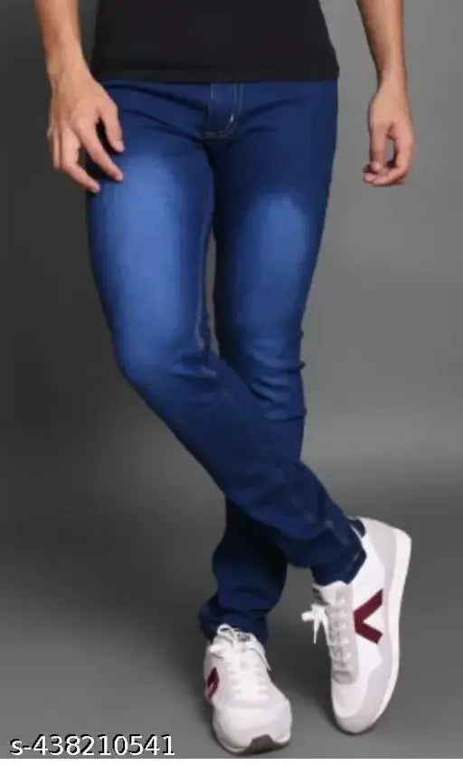 Fashionable men's skinny fit blue jeans with a white sole shoe