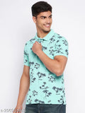 Mens cotton blend polo neck t-shirt, aqua print pattern on half sleeves, regular fit [M, L, XXL]