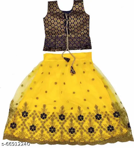 Pink & Blue Embroidered Girls Lehenga Choli Set, hand-stitched taffeta silk and net (India)