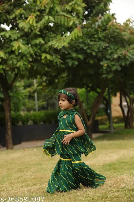 Green Leheriya printed peplum kurta, sharara & dupatta set in georgette. Sleeveless, above knee length for traditional occasions, little one ready. Size options: 1-2Y, 2-3Y, 3-4Y, 4-5Y, 5-6Y, 6-7Y, 7-8Y. Made in India