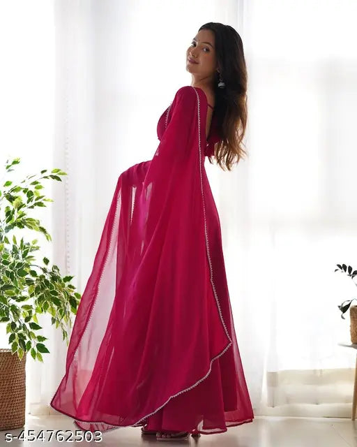 Maroon Georgette Women's Gown, elegant long-sleeved party wear