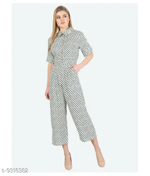 White printed crepe half-sleeve jumpsuit by Avyanna Stylis on mannequin