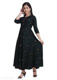 Green rayon Anarkali with Potli Gold W print, three-quarter sleeves, Indian women's fashion