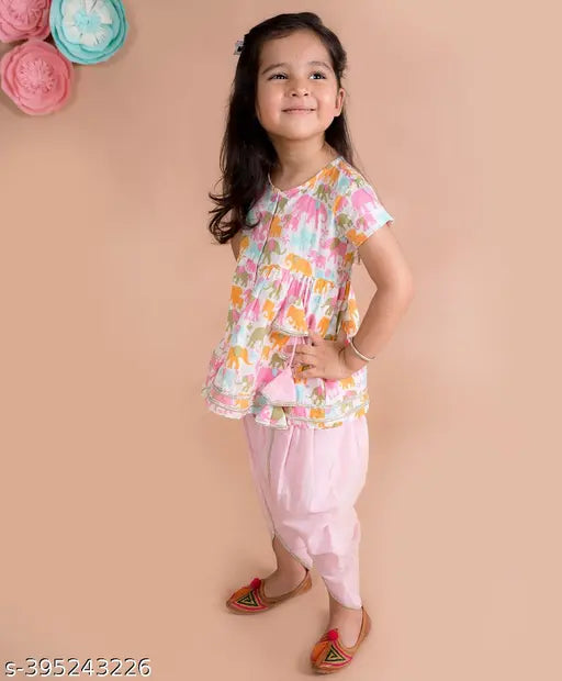 Kavya Collection cotton anarkali Kurta & dhoti set for festive parties, printed above knee with short sleeves (2-3yrs - 7-8yrs) Indian-made