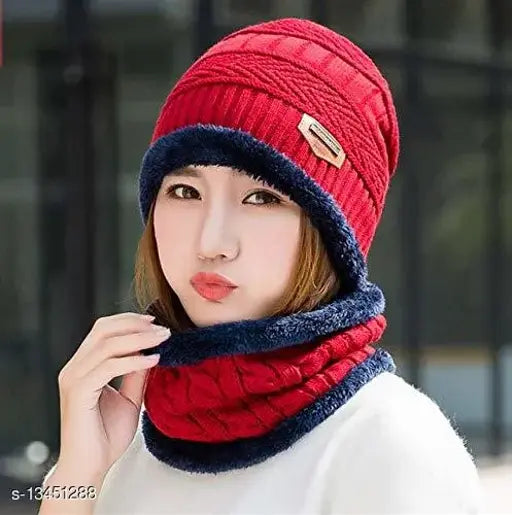 Women's fur-lined knitted beanie cap, neck scarf set. Red trim on maroon fabric