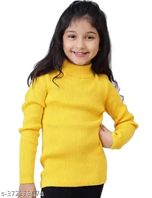 Yellow wool sweater, high neck, long sleeves for kids (9-11 years), India-made baby casual winter wear