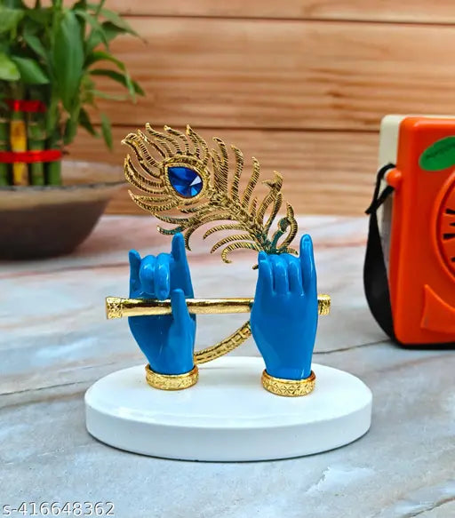 Blue Krishna Hand with Flute Figurine (10.5x10.5x6cm), high-quality religious idol for car dashboard or table decor